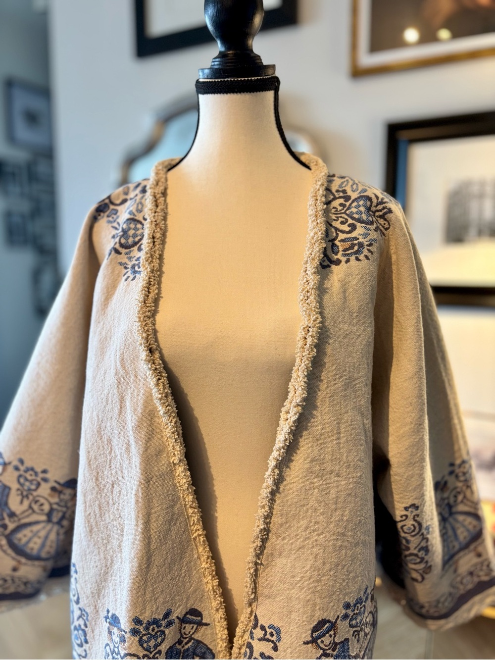 🧵 HANDMADE Embroidered Cream & Blue Boho Kimono Linen Blend Jacket O/S - Picture 6 of 15